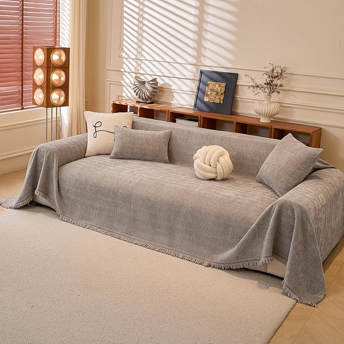 ROOMLIFE Couch Cover Sofa, Boho Chenille Couches Covers for 3 Cushion Sofas, Non Slip Soft Breathable Sofa Slipcovers for Pet, Washable Furniture Protector with Tassel,71''X134”