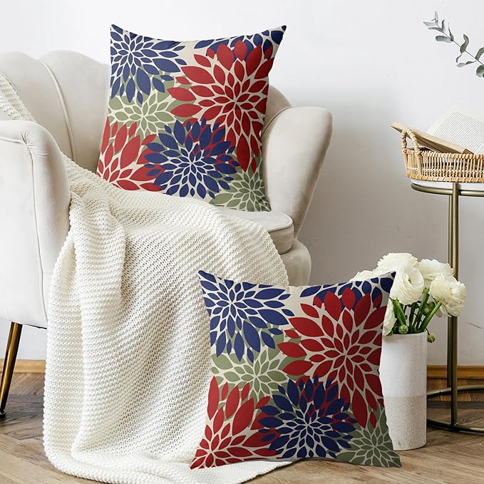 Blue Green Red Pillow Covers 24X24 Inch Set of 2, Modern Dahlia Floral Print Decorative Throw Pillow Covers Outdoor Farmhouse Cushion Case for Home Couch Sofa Bed Decoration