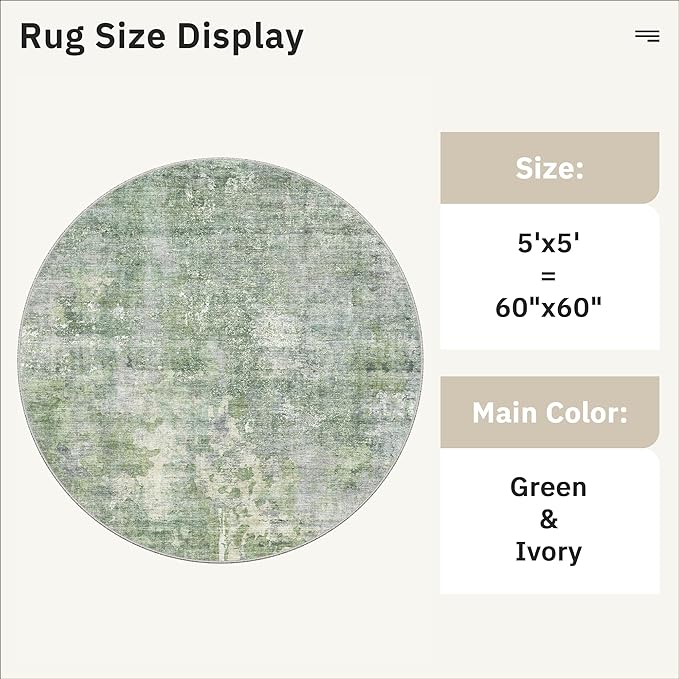 5x5 Green/Ivory Round Rug 5ft Living Room Circle Rug Vintage Round Area Rug Non Slip Indoor Carpet for Entryway Dining Room Bedroom