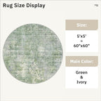 5x5 Green/Ivory Round Rug 5ft Living Room Circle Rug Vintage Round Area Rug Non Slip Indoor Carpet for Entryway Dining Room Bedroom