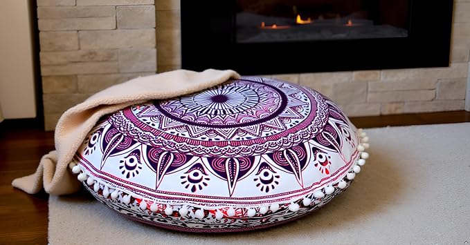 CRAFT KALA Round Mandala Meditation Cushion Cover, Floor Pillow or Cushions Cover, Yoga Seat Cover Seating Poufs Cover for Living Room 32", Pink Trishul