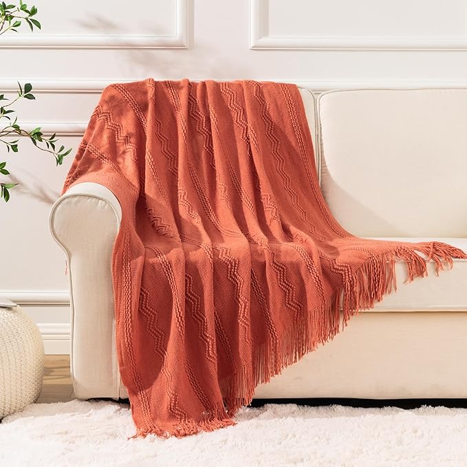 BATTILO HOME Orange Fall Throw Blanket for Couch Sofa, Knitted Decorative Blankets Throws Halloween Throw Blanket Fall Decorations Home Decor (Salmon, 50"x60")
