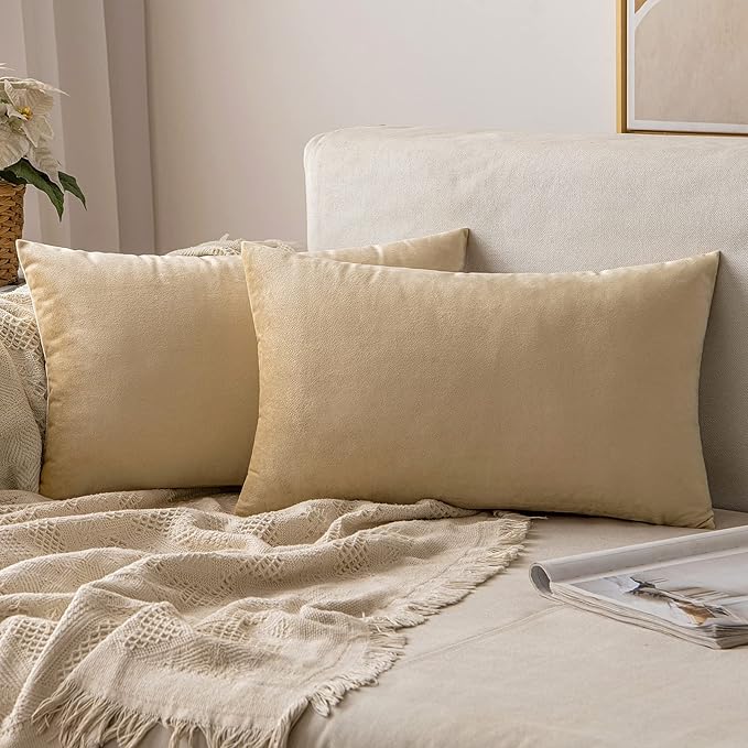 MIULEE Velvet Throw Pillow Covers 12x20 Inch, Pack of 2 - Beige, Soft Solid Lumbar Decorative Pillow Covers Modern Luxury Home Decor for Spring Couch Sofa Bedroom Livingroom