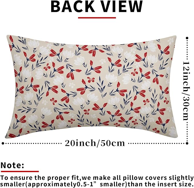 4th of July Floral Pillow Covers 12x20 Set of 2 Rustic Old Style Navy Blue Red White Flower Print Rectangle Decorative Outdoor Pillowcases Patriotic Throw Cushion Case Decor for Couch Sofa Bed