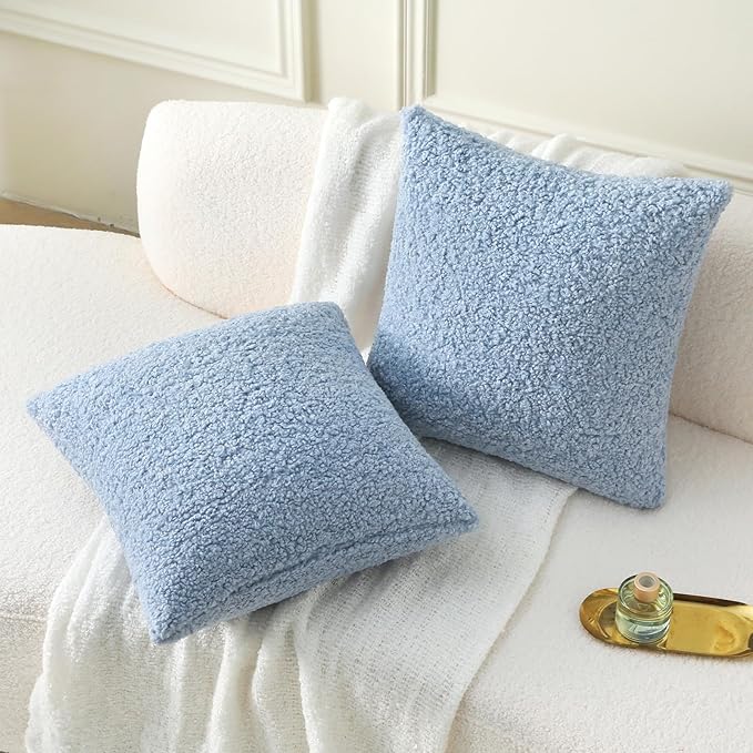 FUTEI Light Blue Throw Pillow Covers 24x24 Inch Set of 2,Furry Faux Fur Teddy Boucle Textured Cushion Covers,Soft Fluffy European Pillow Shams,Home Decor for Couch Bed Living Room Office Car