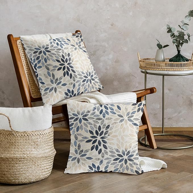 Kawani Navy Blue Dahlia Throw Pillow Covers 16x16 Inch Rustic Geometric Flower Decorative Square Pillow Cases Beige Tan Gray Floral Cushion Covers Farmhouse Home Decor for Sofa Couch Outdoor Set of 2