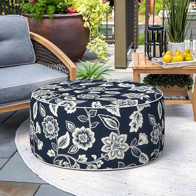 Indoor/Outdoor Inflatable Ottoman, Water Repellent Round Foot Rest Ottomans D31 x H14 inch, Portable Footstool for Patio Garden Camping or Home, Elegant Vines Navy