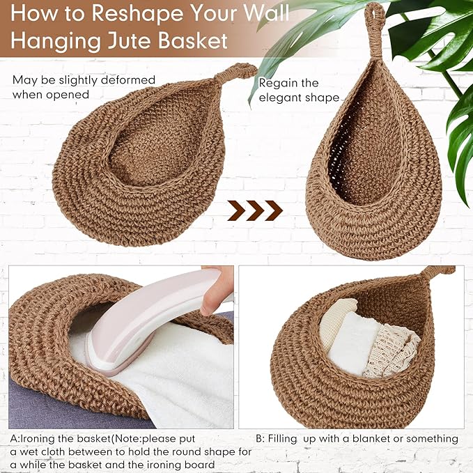 Honeydak Boho Decor Hanging Wall Baskets for Kitchen 3 Pack Teardrop Baskets with Hooks Storage Fruit Onion Vegetable Potato for Home 3 Sizes(Linen,Teardrop,Jute)