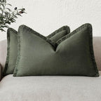 Foindtower Set of 2 Decorative Linen Fringe Lumbar Throw Pillow Covers Boho Farmhouse Cushion Cover with Tassels Accent Pillowcase for Couch Sofa Bed Living Room Home Decor,12×20 Inch,Dark Olive Green