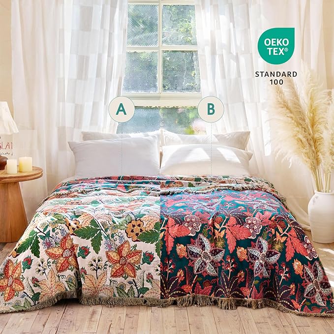 Boho Throw Blanket - 60"x80" 100% Cotton Soft Breathable Lightweight Bed Blanket, Reversible Muslin Spring Blankets Green Floral Farmhouse Decor Rustic Quilt for Bed Couch