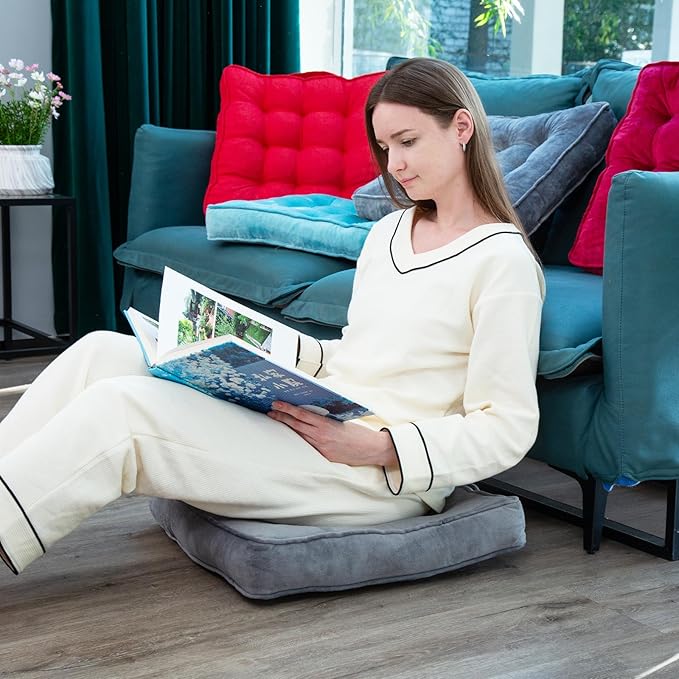 Floor Pillow Set of 2, Memory Foam Meditation Cushion, Floor Cushions for Adults Sitting, Large Square Seat Cushions for Yoga, Living Room, 20x20 Inch (Grey)