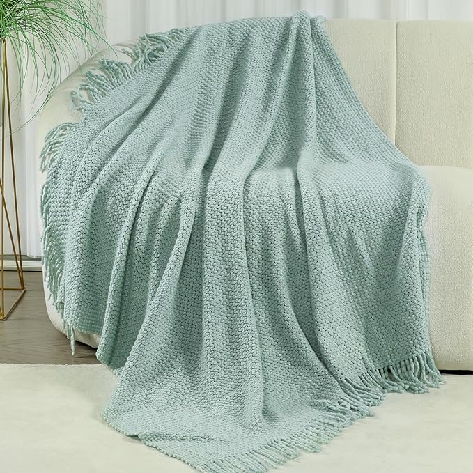 Blagic Knitted Throw Blanket for Couch, Soft Farmhouse Throw Blanket with Tassels,Home Decorative Lightweight Blankets,Spring Throws for Bed/Chair/Sofa,Wheat Textured (Light Blue&White,50" W x 60" L)