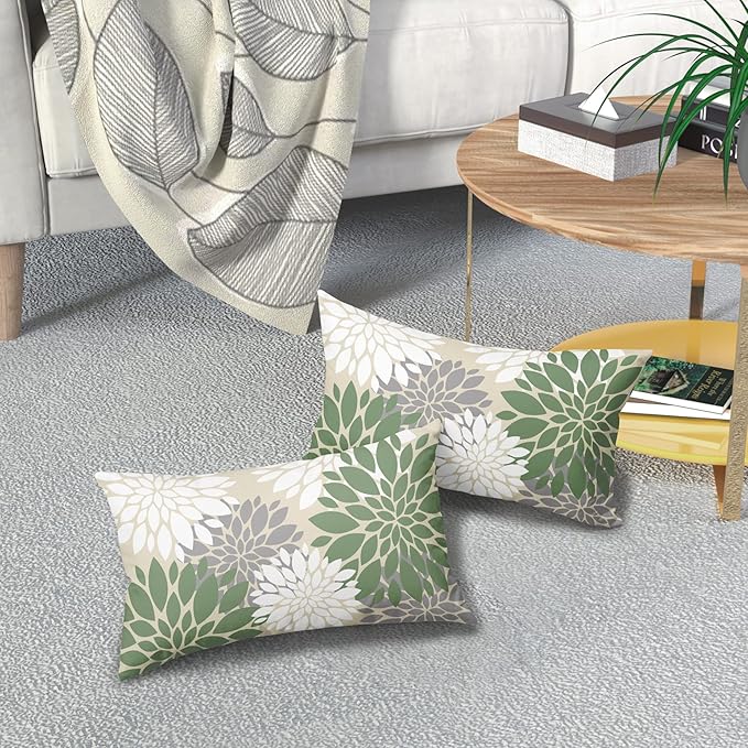 Sage Green White Grey Gray Pillow Covers 12X20 Inch Set of 2, Spring Modern Dahlia Floral Print Decorative Rectangle Throw Pillow Covers Outdoor Farmhouse Cushion Case for Couch Sofa Bed Decor