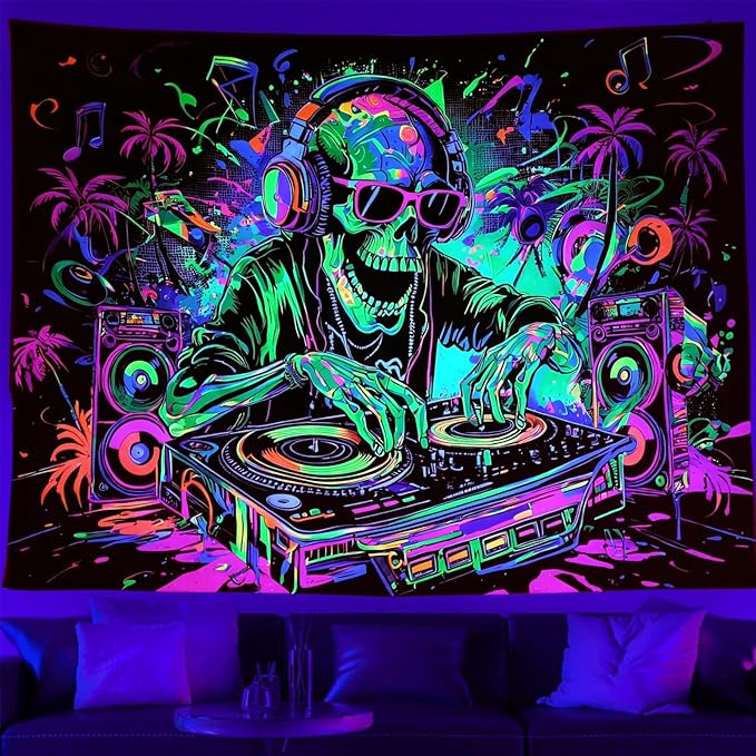 TUGCAY Blacklight Skull Tapestry Funny Skeleton Hip Hop Music Tapestry UV Reactive Gothic Hippie Tapestries Wall Hanging for Bedroom Dorm Game Room Decor(51.2 x 59.1 Inches)