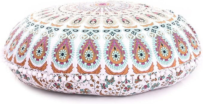 Large 32" Pink Manadala Round Pillow Cover, Decorative Mandala Pillow Sham, Indian Bohemian Ottoman Poufs, Pom Pom Pillow Cases, Outdoor Cushion Cover,
