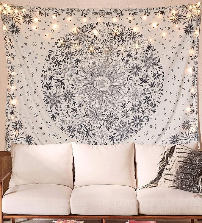 Neasow Bohemian Tapestry Wall Hanging, Beige White Floral Tapestry with Dotted Daisy Medallion Print Bedroom Boho Hippie Home Decor, 70×90 inches