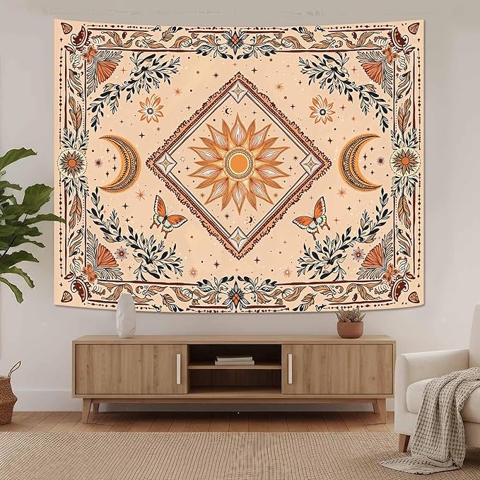 Accnicc Boho Sun and Moon Tapestry Hippie Mandala Floral Wall Tapestry for Bedroom Aesthetic Vintage Butterfly Plant Beige Small Tapestries Wall Hanging for Dorm Living Room Decor 48 x 36 Inch