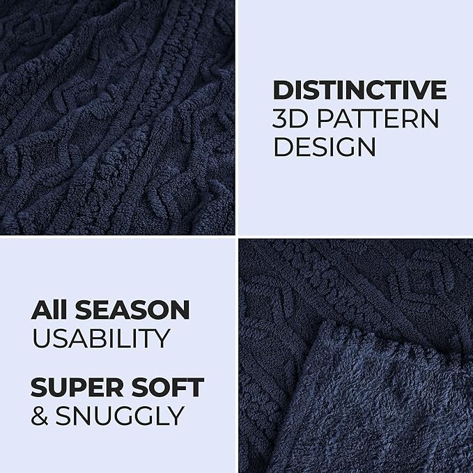 Superior Fleece Boho Jacquard Blanket, Decorative Blankets for Bedroom, Sofa, Fuzzy, Plush, Fluffy, Soft, Cute Room Decor, Beautiful Cover, Comfort Essentials, Arctic Collection, Throw XL, Navy Blue