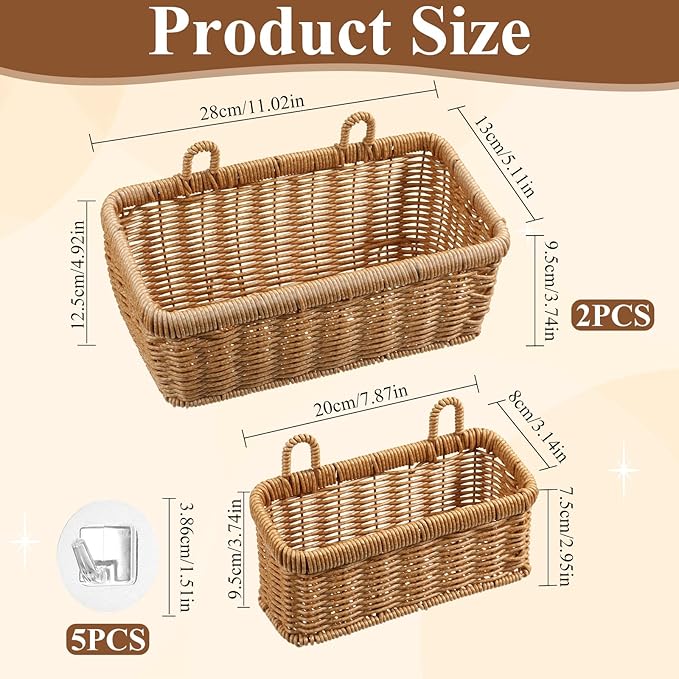 Set of 2 Wall Hanging Baskets, Boho Style Hand-Woven Hanging Storage Basket, Plastic Woven Baskets with Hangers for Kitchen Home Decor Bathroom Living Room (Light Brown, Imitation Rattan Plastic)