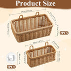 Set of 2 Wall Hanging Baskets, Boho Style Hand-Woven Hanging Storage Basket, Plastic Woven Baskets with Hangers for Kitchen Home Decor Bathroom Living Room (Light Brown, Imitation Rattan Plastic)