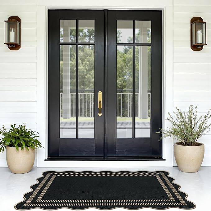 Modern Easy Jute 3x5 Outdoor Patio Rug, Black Washable Rugs for Entryway Indoor Kitchen Rugs, Farmhouse Neutral Non Slip Carpet for Living Room Backyard