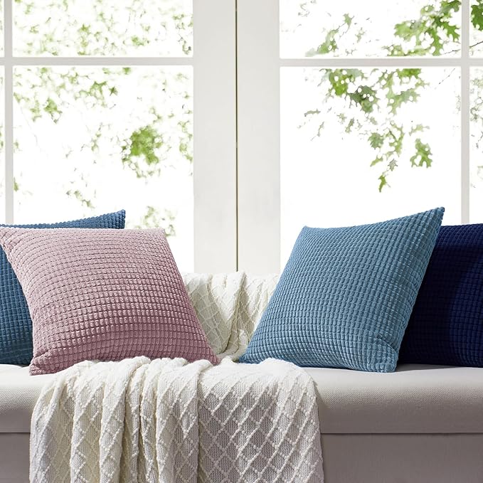 Softalker Throw Pillow Covers 18x18 Inch, Set of 4, Soft Corduroy Boho Stripe Decorative Pillow Cover, Couch Fluffy Pillow Cover for Farmhouse Home Decor Bed Living Room, Pink/Blue