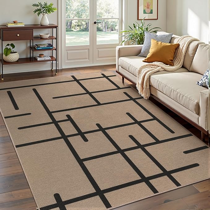 Tangsoo Modern Easy Jute Rug 4x6 for Blacony,Ultra Thin Outdoor Washable Rug,Neutral Stripe Non-Slip Indoor Door Carpet Farmhouse Throw Mat for Bedroom Front Patio Living Room Diningroom