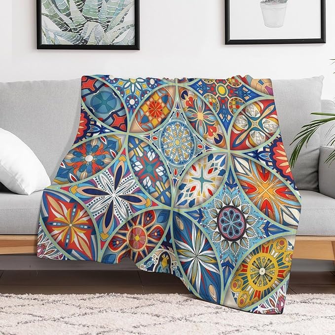 Boho Floral Throw Blanket Colorful Bohemian Mandala Blanket for Sofa Bed Couch Chair Or Dorm 70"x80"