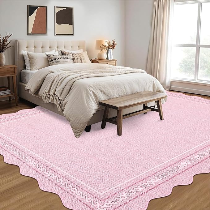GarveeHome Washable 9x12 Area Rug for Living Room Scalloped Pink Nursery Rug Non Slip Soft Bedroom Rugs Low Pile Foldable Throw Rugs Stain Resistant Carpet for Playroom Dining Room Classroom, Pink