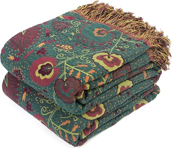 Boho Throw Blanket for Bed 100% Cotton Soft Lightweight Quilt Home Decor Breathable Spring Bed Blanket,Floral Embroidery Reversible All Season Blankets for Sofa Couch Chair 90"x98"