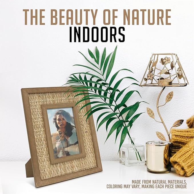 4x6 Picture Frame Handwoven Rattan (8.5"x10.5" Outer) - Fits 4"x6" Photos - Sawtooth Wall Hanger & Tabletop Stand - Natural Coastal Display