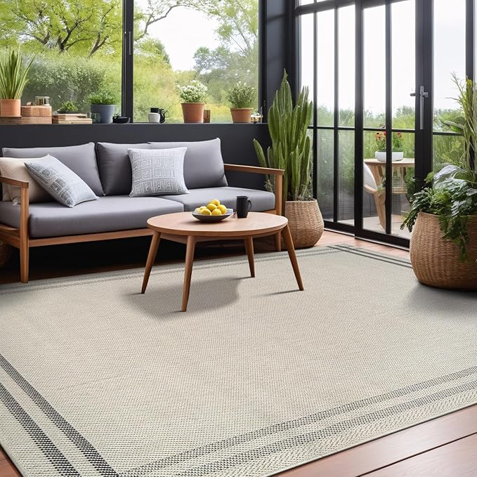 Easy Jute Rugs 4x6 Bordered Bone Color Living Room Indoor Outdoor Area Rug for Patio and Kitchen Rug High Traffic Washable Easy to Clean Solid Boho Woven Design Outside Carpet (4 x 6)