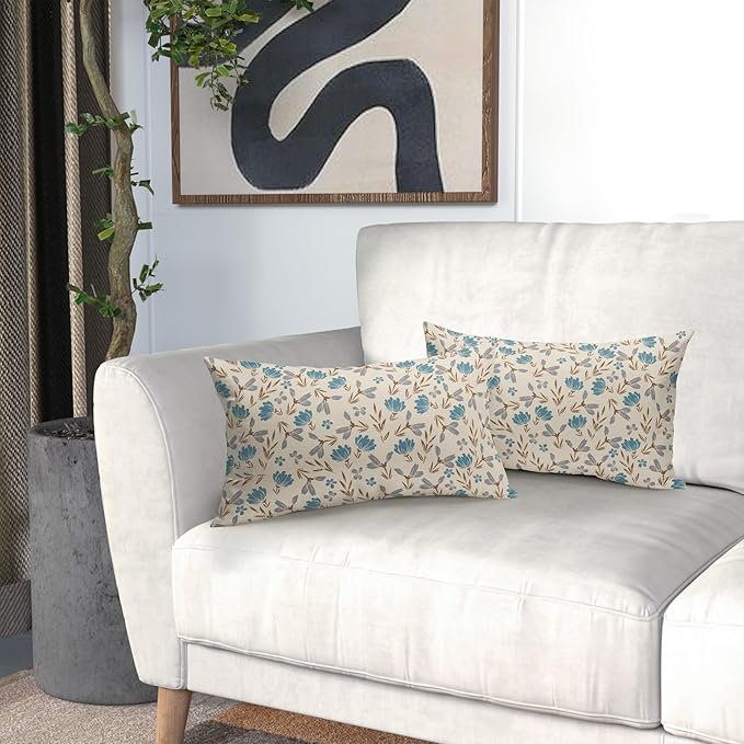 Brown Blue Grey Floral Pillow Covers 12x20 Set of 2 Vintage Rustic Old Style Cute Small Flower Print Rectangle Decorative Outdoor Pillowcases Farmhouse Throw Cushion Case Decor for Couch Sofa Bed