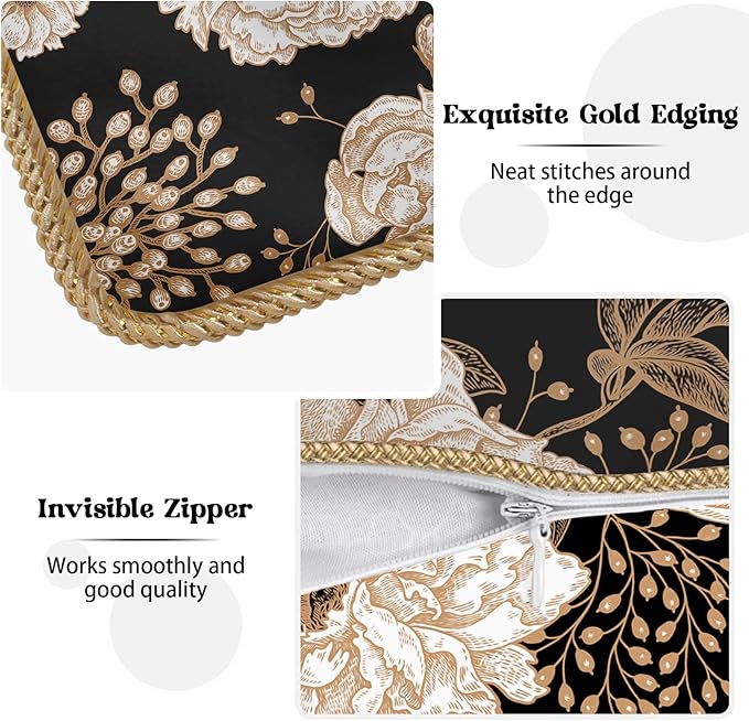 KSLIDS Vintage Peony Roses Floral Soft Velvet Throw Pillow Covers Set of 2 White Roses Flower Bloom Leaves Decorative Pillow Covers 16x16 Inch Black Gold Cream Pillow Case for Sofa Couch Home Decor
