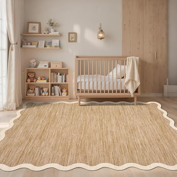 GarveeHome Scalloped Washable Rug 6x9 Rugs for Living Room Modern Brown Nursery Rug Large Area Rug for Bedroom Non Slip Throw Rugs Soft Low Pile Stain Resistant Carpet for Classroom 6'x9' Light Brown