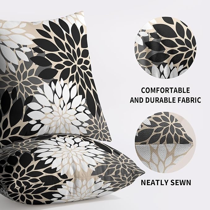 Black White Grey Gray Pillow Covers 18X18 Inch Set of 2, Modern Geometry Dahlia Floral Print Decorative Throw Pillow Covers Outdoor Farmhouse Cushion Case for Home Couch Sofa Bed Decoration