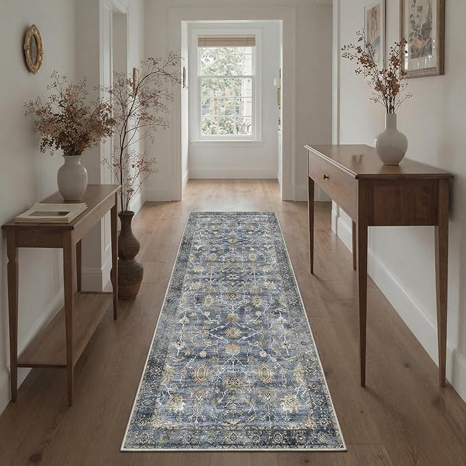 GENIMO Runner Rug 2x6 Non Slip Machine Washable Vintage Hallway Runner Rug, Low Pile Lightweight Rugs for Entryway, Hallway, Kitchen and Corridor, Distressed Blue Taupe