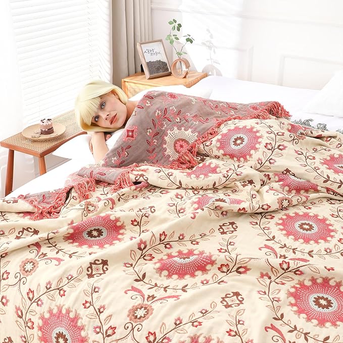Snycler Boho Throw Blanket for Bed - 100% Cotton Ultra Soft Rustic Quilt - Pink Boho Floral Printed Farmhouse Decor Bed Blankets, 91"x98" All Season Rustic Throw for Sofa Couch Chair