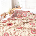Snycler Boho Throw Blanket for Bed - 100% Cotton Ultra Soft Rustic Quilt - Pink Boho Floral Printed Farmhouse Decor Bed Blankets, 80"×90" All Season Rustic Throw for Sofa Couch Chair