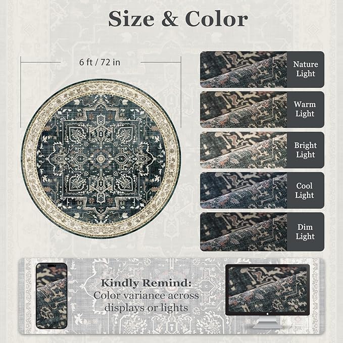 Medallion Round Rugs 6ft, Low Pile Thin Circle Area Rugs for Bedroom Living Room Washable Non Slip, Vintage Round Carpet for Kitchen Dining Room, Midnight/Multi
