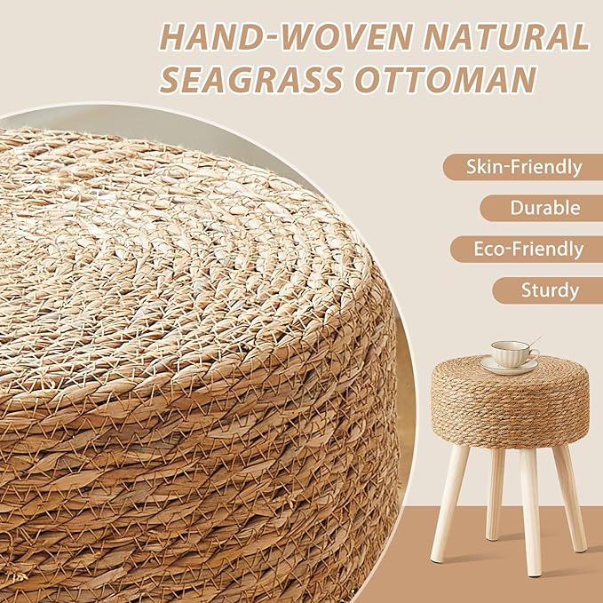 Cpintltr Round Ottoman Footstool Foot Stool Pouf Ottomans with Solid Wood Legs Hand Weave Hyacinth Footrest Step Stool for Living Room Balcony Garden Natural Seagrass