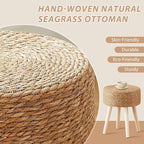 Cpintltr Round Ottoman Footstool Foot Stool Pouf Ottomans with Solid Wood Legs Hand Weave Hyacinth Footrest Step Stool for Living Room Balcony Garden Natural Seagrass