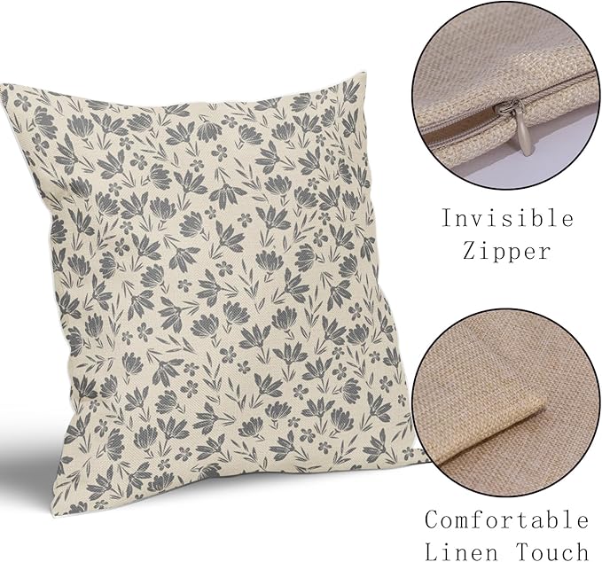 Grey Floral Pillow Covers 18x18 Set of 2 Vintage Rustic Old Style Cute Small Flower Gray Cream Print Decorative Outdoor Pillowcases Farmhouse Throw Cushion Case Decor for Couch Sofa Bed
