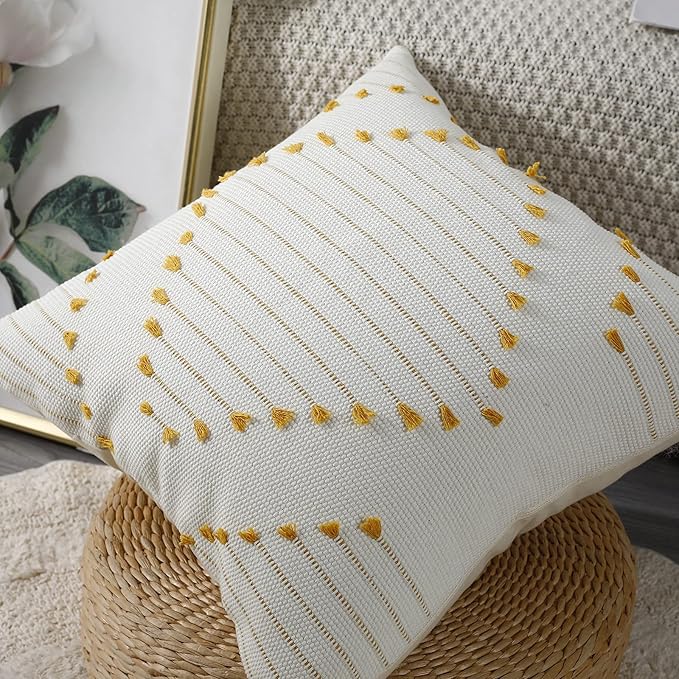 PANOD Set of 2 Boho Tufted Throw Pillow Covers with Tassel 12x20 inch, Decorative Indoor Outdoor Bohemian Lumbar Cushion case Pillowcase for Couch Sofa Livingroom car Farmhouse Yellow and Cream White