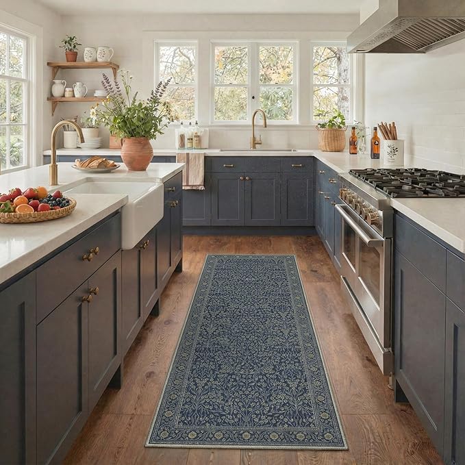GENIMO Area Rug 2x3 Doormat, Machine Washable Low Pile Rugs, Small Retro Chenille Entryway Mat for Entrance, Hallway, Kitchen and Corridor, Floral Navy