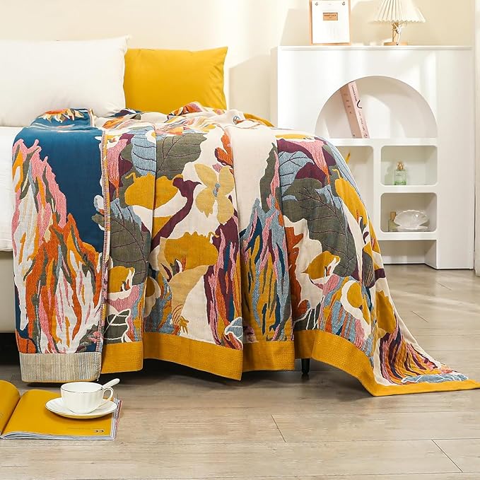 Boho Throw Blanket,Organic Cotton Ultra Soft Muslin Throw for Couch and Bed 50" x 60", Sofa Cover for Living Room Cozy Blankets,All Season Rustic Reversible Vintage Throw - Yellow