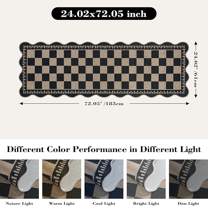 Checkered Easy Jute Runner, 2x6 Kitchen Runner Rug Non Slip Washable Rug for Entryway Indoor, Checkerboard Indoor Outdoor Scalloped Carpet for Hallway Laundry Balcony
