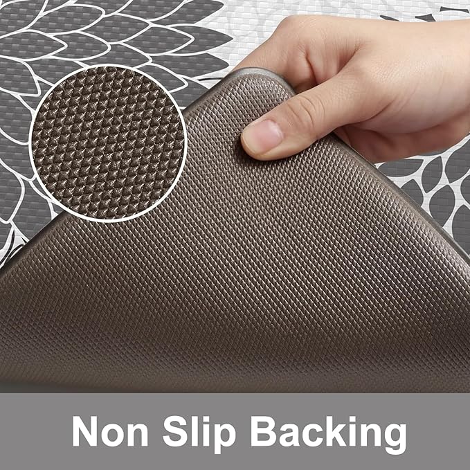 Kitchen Rugs and Mats Cushioned Anti Fatigue Kitchen Mat 2PCS Non-Skid Waterproof Boho Kitchen Runner Rug Comfort Foam Standing Mat for Office,Laundry,Kitchen Sink,Grey Floral