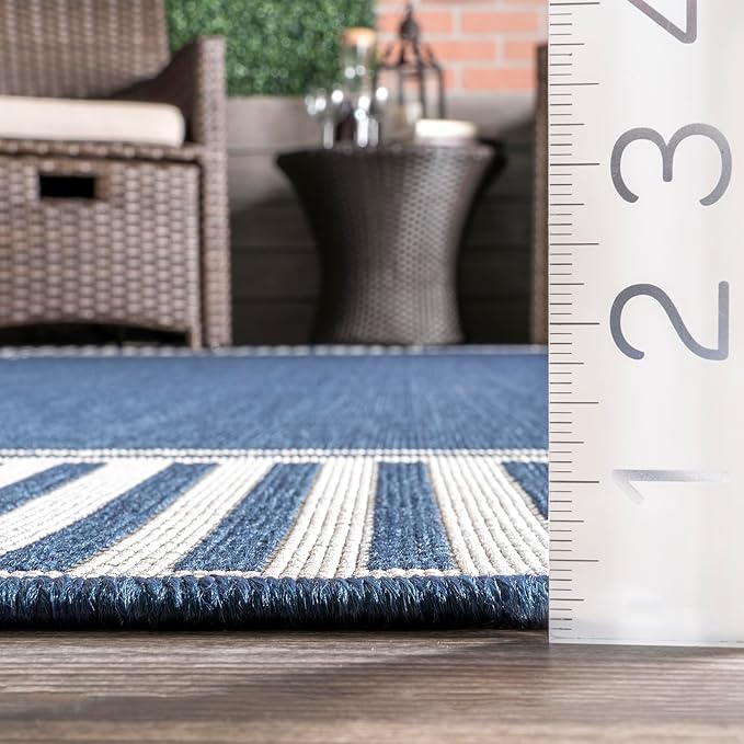 Nuloom Asha Navy/Ivory, 4' Square, Casual, Striped Border, Soft and Cozy, High Traffic, Stain Resistant, Easy Clean, Durable Area Rug for Indoor/Outdoor Patio, Deck, Porch, Garden, Courtyard