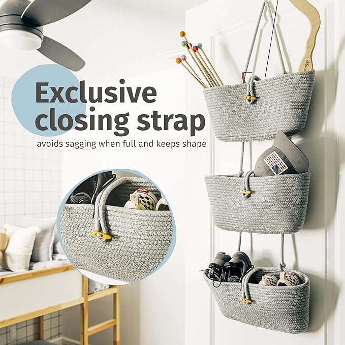 OrganiHaus Grey Wall Hanging Storage Basket | Behind Door Storage | Wall Storage Baskets Over Door | 3 Tier Hanging Basket | Woven Baskets Bathroom Organizer | Wall Hanging Baskets for Organizing